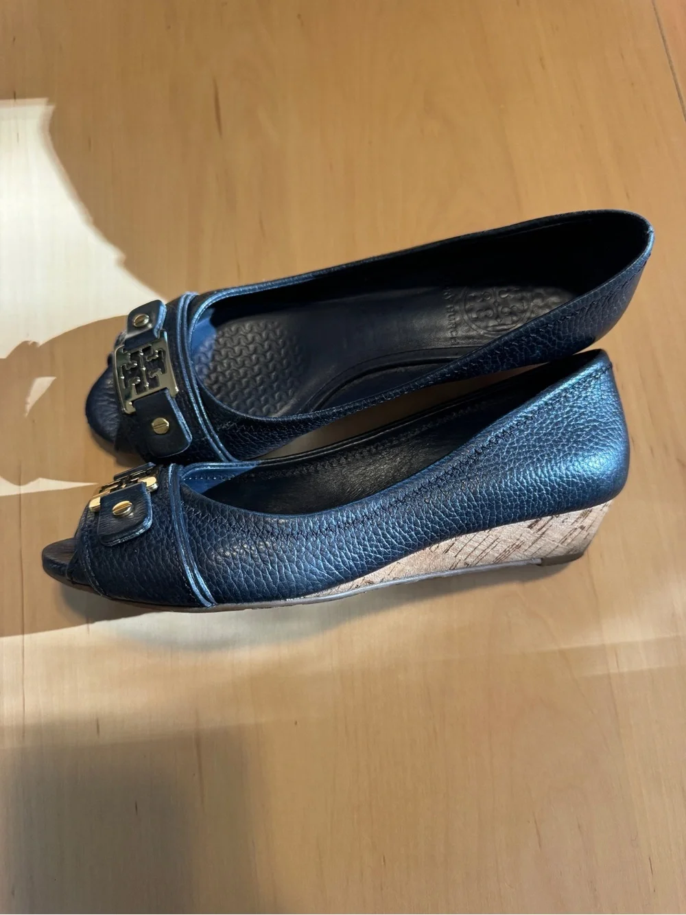 Tory Burch Black Leather Peep-Toe Heels with Gold Logo Accent